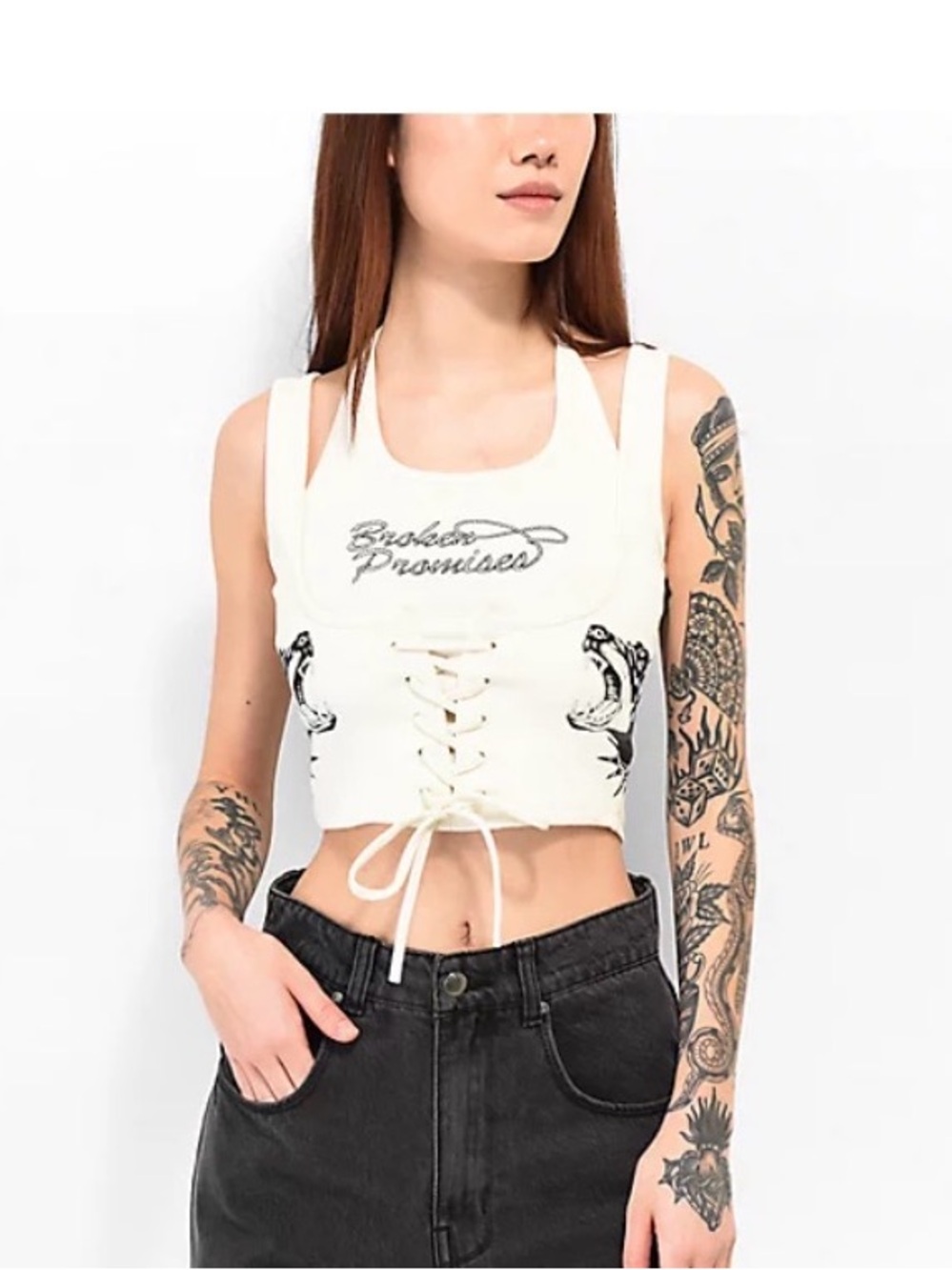 Broken Promises Lasso Lace Up cream ribbed tank top